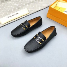 Replica Louis Vuitton Black Leather Gold LV Driver Loafers