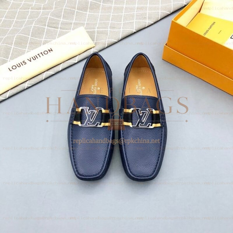 Replica Louis Vuitton Navy Leather Gold LV Driver Loafers