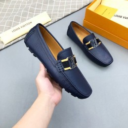 Replica Louis Vuitton Navy Leather Gold LV Driver Loafers