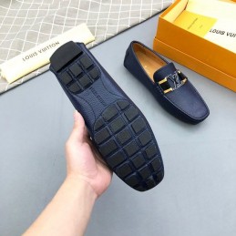 Replica Louis Vuitton Navy Leather Gold LV Driver Loafers