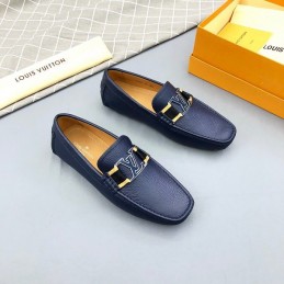 Replica Louis Vuitton Navy Leather Gold LV Driver Loafers