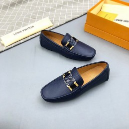 Replica Louis Vuitton Navy Leather Gold LV Driver Loafers