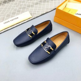 Replica Louis Vuitton Navy Leather Gold LV Driver Loafers