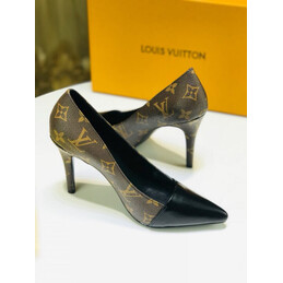 Replica Louis Vuitton Brown Monogram Black Pointed-Toe Pumps