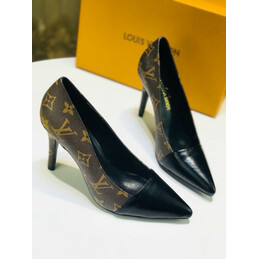 Replica Louis Vuitton Brown Monogram Black Pointed-Toe Pumps