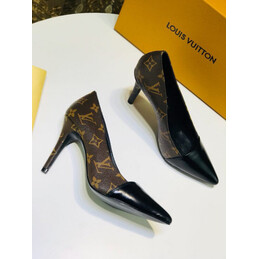 Replica Louis Vuitton Brown Monogram Black Pointed-Toe Pumps