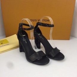Replica Louis Vuitton Black Gold-Tone Ankle-Strap Block Heel Sandals