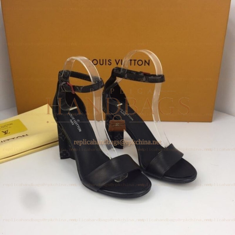 Replica Louis Vuitton Black Gold-Tone Ankle-Strap Block Heel Sandals