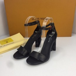 Replica Louis Vuitton Black Gold-Tone Ankle-Strap Block Heel Sandals