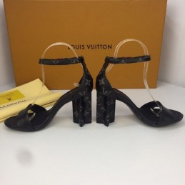 Replica Louis Vuitton Black Gold-Tone Ankle-Strap Block Heel Sandals