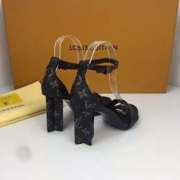 Replica Louis Vuitton Black Gold-Tone Ankle-Strap Block Heel Sandals