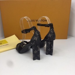 Replica Louis Vuitton Black Gold-Tone Ankle-Strap Block Heel Sandals