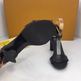 Replica Louis Vuitton Black Gold-Tone Ankle-Strap Block Heel Sandals