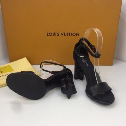 Replica Louis Vuitton Black Gold-Tone Ankle-Strap Block Heel Sandals