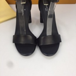 Replica Louis Vuitton Black Gold-Tone Ankle-Strap Block Heel Sandals