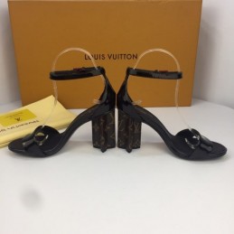 Replica Louis Vuitton Black Patent Block Heel Sandals
