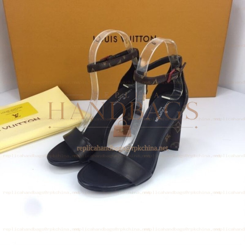 Replica Louis Vuitton Black Monogram Block Heel Sandals