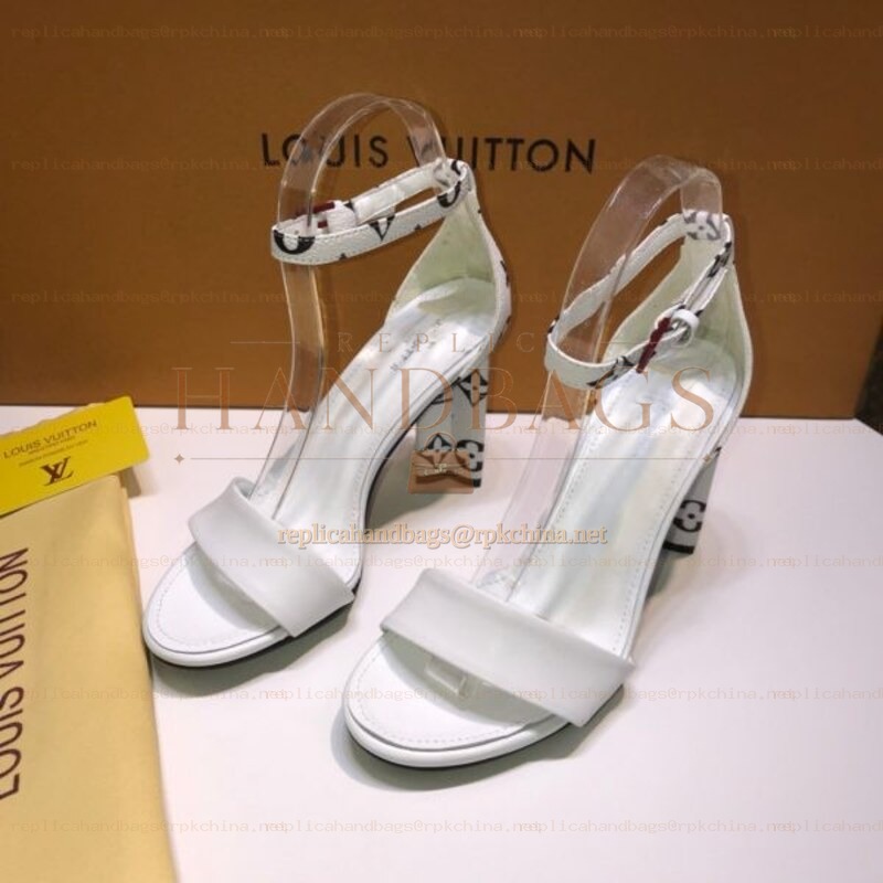 Replica Louis Vuitton White Black Pattern Block Heel Sandals