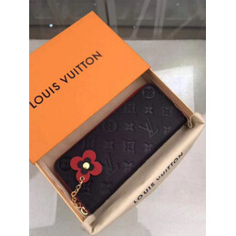 Replica Louis Vuitton Black Embossed Monogram Red Flower Clemence Wallet