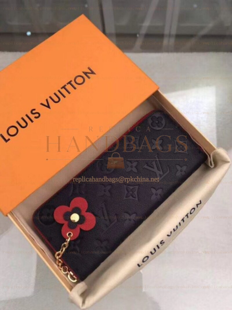 Replica Louis Vuitton Black Embossed Monogram Red Flower Clemence Wallet