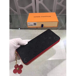 Replica Louis Vuitton Black Embossed Monogram Red Flower Clemence Wallet