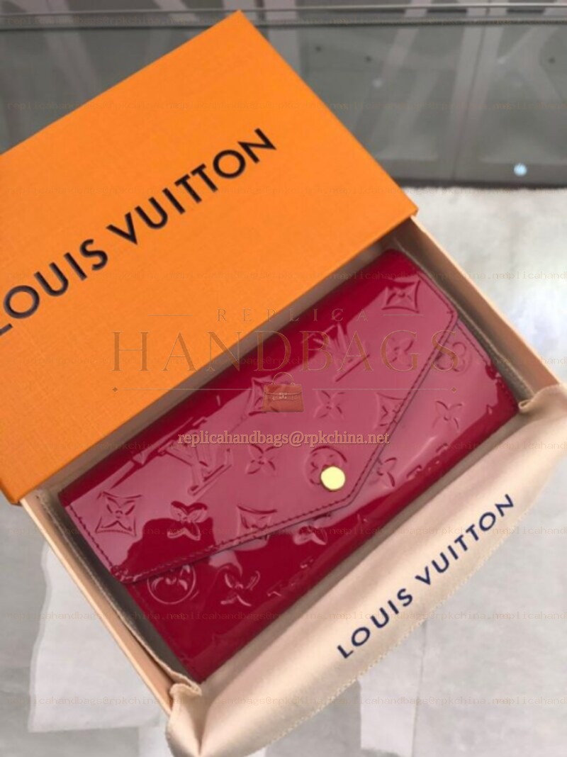 Replica Louis Vuitton Burgundy Embossed Monogram Sarah Wallet with Patent Finish