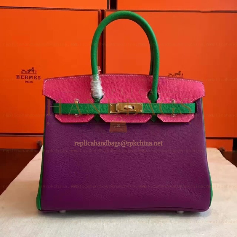 Replica Hermes Purple Green Colorblock Birkin 30 Gold Hardware Bag