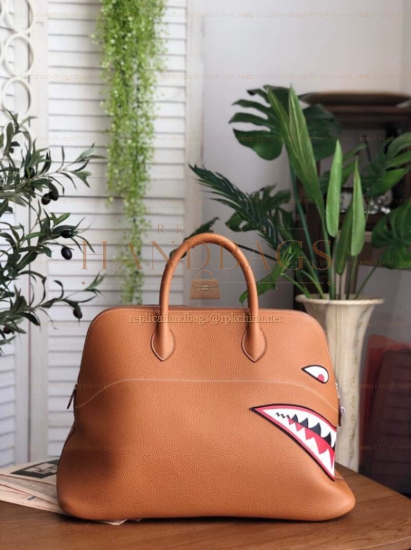 Replica Hermes Tan Shark Print Bolide 45 Bag
