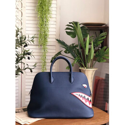 Replica Hermes Navy Blue Shark Print Bolide 45 Bag