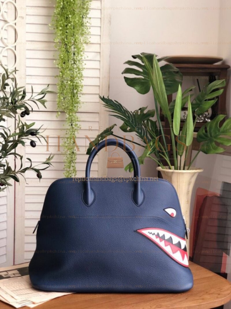 Replica Hermes Navy Blue Shark Print Bolide 45 Bag