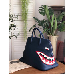 Replica Hermes Navy Blue Shark Print Bolide 45 Bag