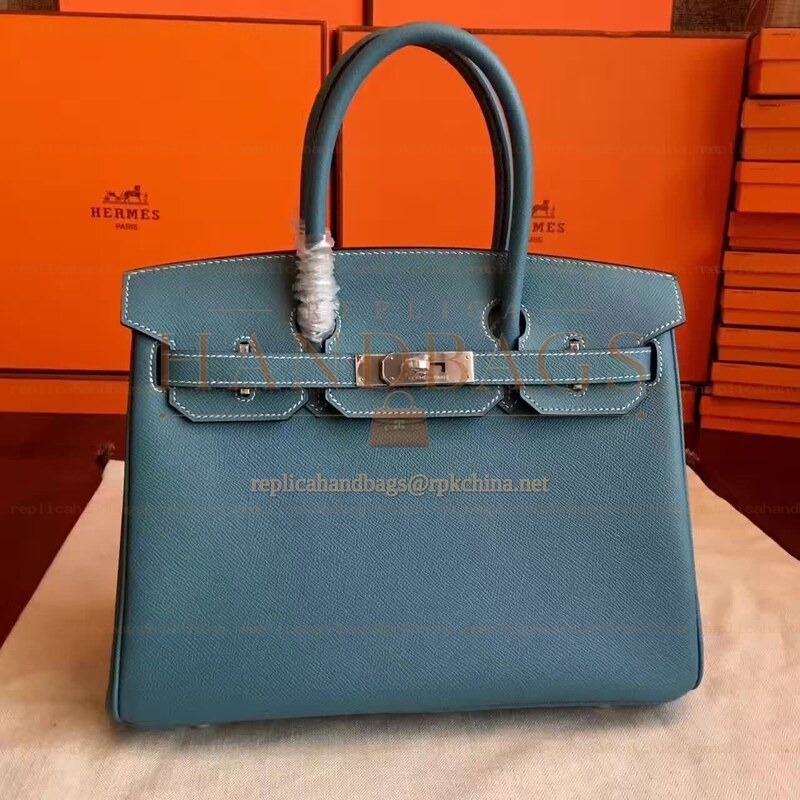 Replica Hermes Blue Gray Birkin 30 Palladium Hardware Bag