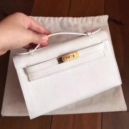 Replica Hermes White Kelly Pochette Clutch Gold Hardware Bag