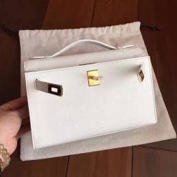 Replica Hermes White Kelly Pochette Clutch Gold Hardware Bag