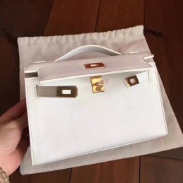 Replica Hermes White Kelly Pochette Clutch Gold Hardware Bag