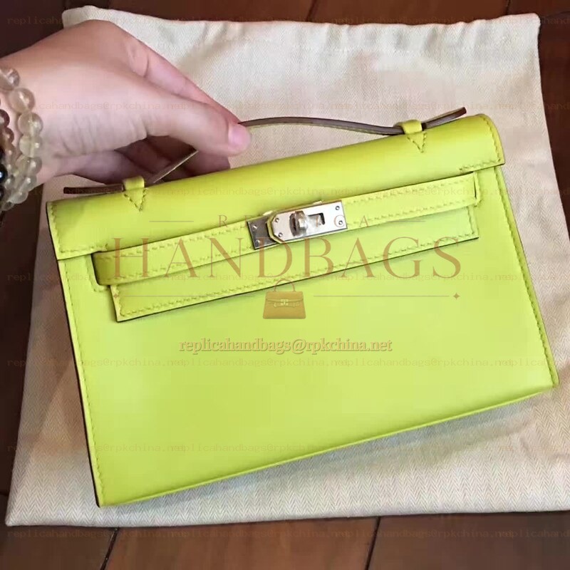 Replica Hermes Lime Green Kelly Pochette Palladium Hardware Bag