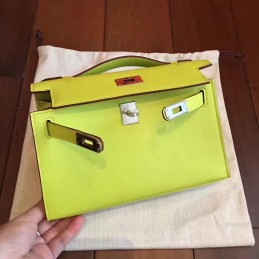 Replica Hermes Lime Green Kelly Pochette Palladium Hardware Bag