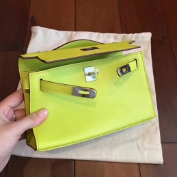 Replica Hermes Lime Green Kelly Pochette Palladium Hardware Bag