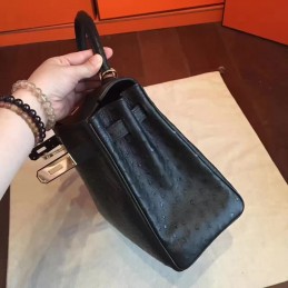Replica Hermes Black Ostrich Leather Kelly 32 Gold Hardware Bag