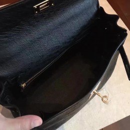 Replica Hermes Black Ostrich Leather Kelly 32 Gold Hardware Bag