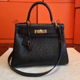 Replica Hermes Black Ostrich Leather Kelly 32 Gold Hardware Bag