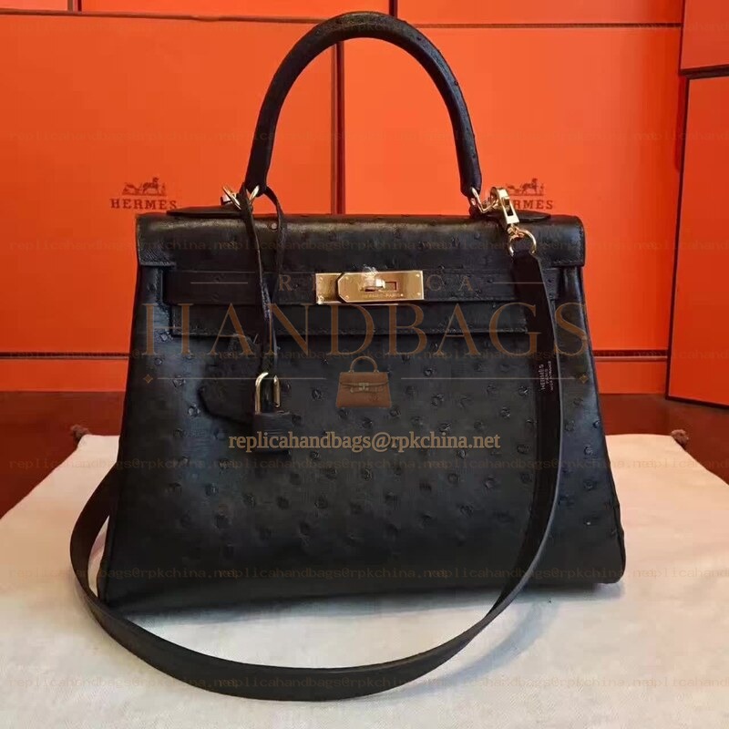 Replica Hermes Black Ostrich Leather Kelly 32 Gold Hardware Bag