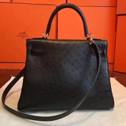 Replica Hermes Black Ostrich Leather Kelly 32 Gold Hardware Bag