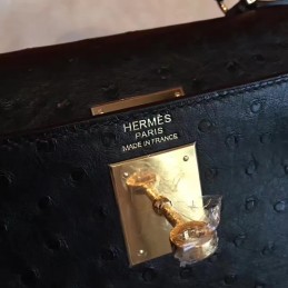 Replica Hermes Black Ostrich Leather Kelly 32 Gold Hardware Bag