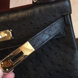 Replica Hermes Black Ostrich Leather Kelly 32 Gold Hardware Bag
