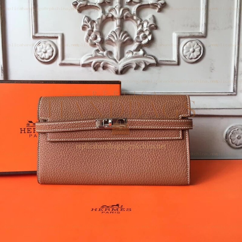 Replica Hermes Brown Pebbled Kelly Wallet Silver Hardware