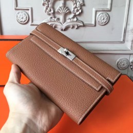 Replica Hermes Brown Pebbled Kelly Wallet Silver Hardware