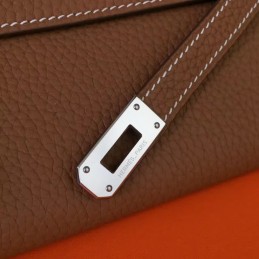Replica Hermes Brown Pebbled Kelly Wallet Silver Hardware