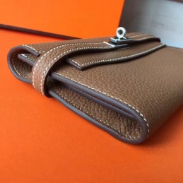 Replica Hermes Brown Pebbled Kelly Wallet Silver Hardware