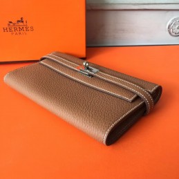 Replica Hermes Brown Pebbled Kelly Wallet Silver Hardware